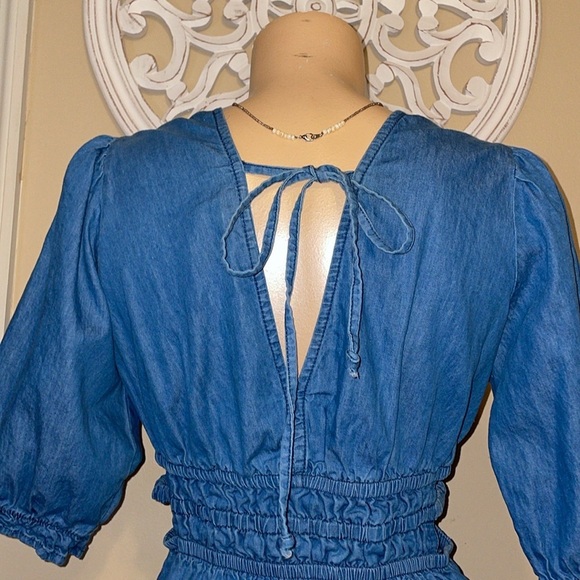 Speed limit women large 12 14 dress mini Blue Denim Jean cut out sides fit flare - Picture 7 of 10